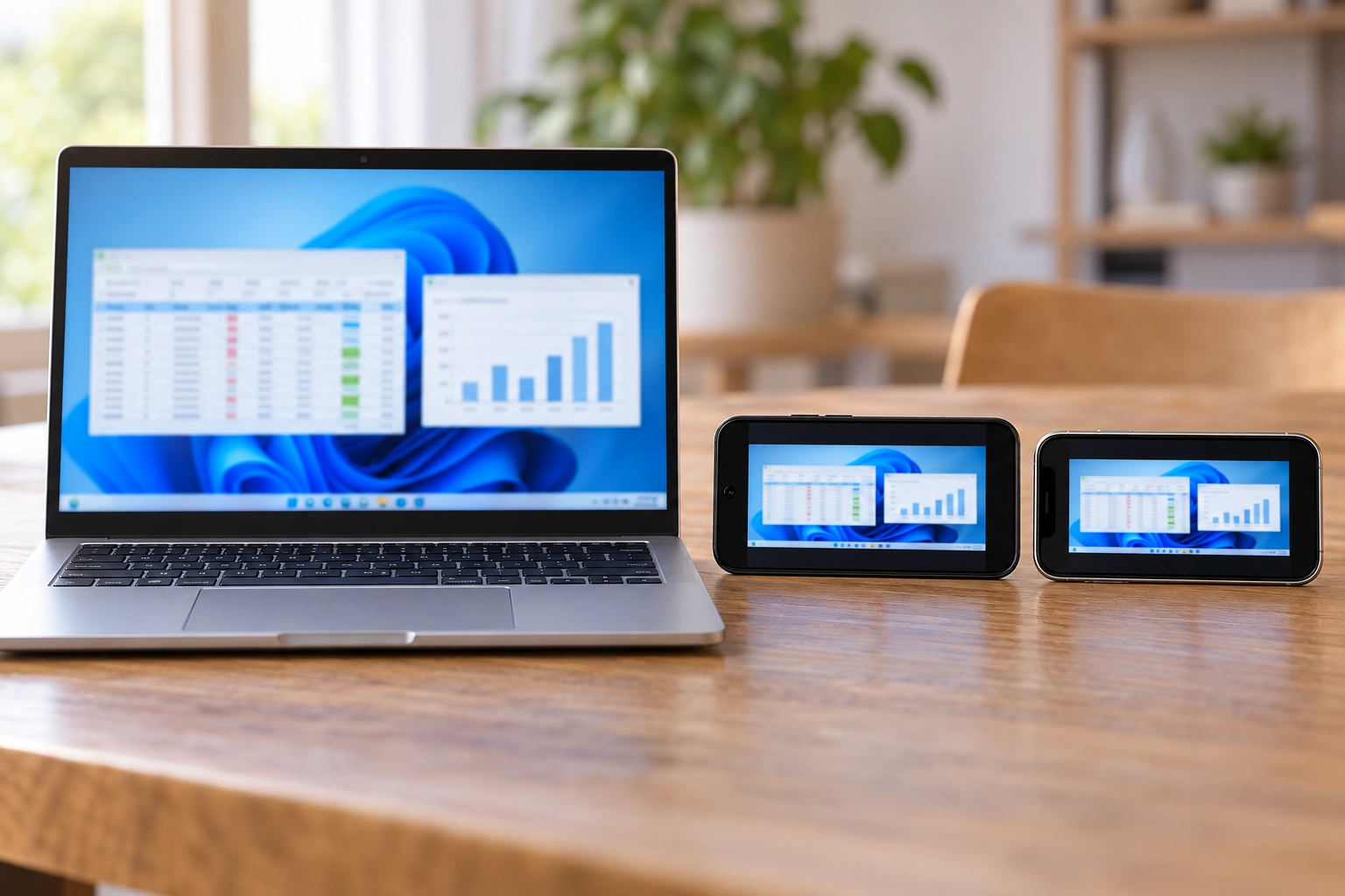 Макбук, Android-смартфон и iPhone показывают один и тот же рабочий стол Windows